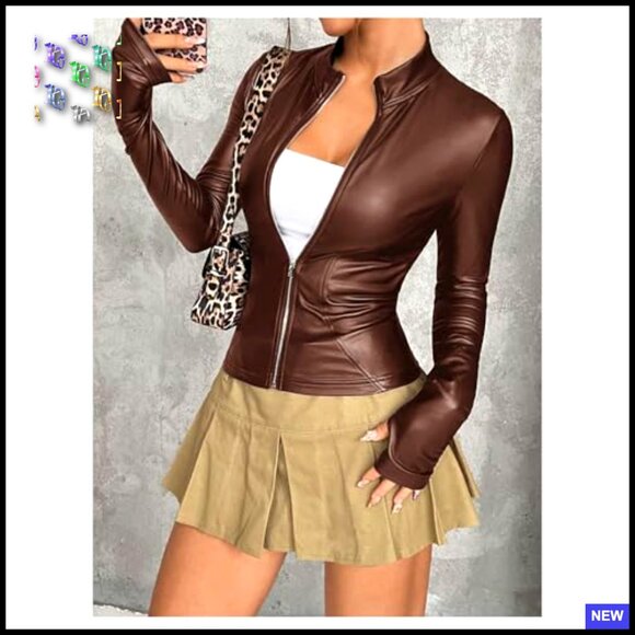 Faux Leather Jacket Slim Fit Zip Up Long Sleeve Winter Coat Chic Outerwear - Picture 2 of 5